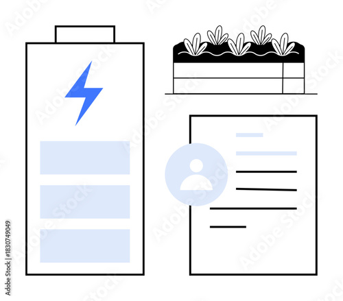 Battery with lightning icon, eco-friendly greenery in garden bed, and profile-themed document. Ideal for sustainability, energy, bioengineering, digital identity, environmental care, innovation