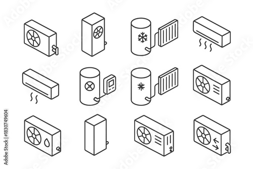 Isometric hvac icons: air conditioners, heaters, ventilation systems in black and white.