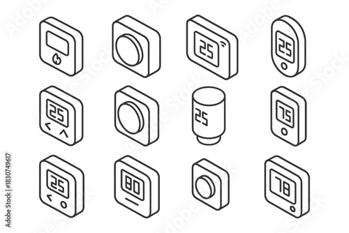 Isometric smart thermostat icons collection in black and white line art.