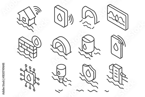 Isometric flood protection and monitoring icons set for water management.