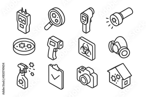 Outline icons of safety equipment and testing devices.