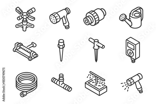 Garden irrigation tools: sprinklers, nozzles, drip emitters, hose, watering can, timer.