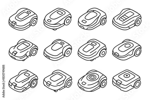 Collection of 12 robotic lawn mower icons in outline style.