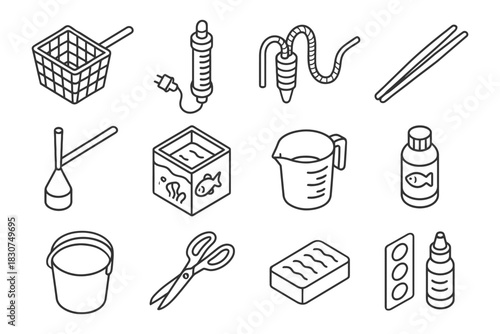 Aquarium equipment icons: net, heater, filter, chopsticks, feeder, tank, measuring cup, fish food, bucket, scissors, sponge, medicine.