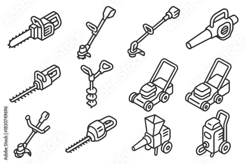 Garden tool icons set: chainsaw, trimmer, blower, mower, wood chipper, auger, pressure washer.