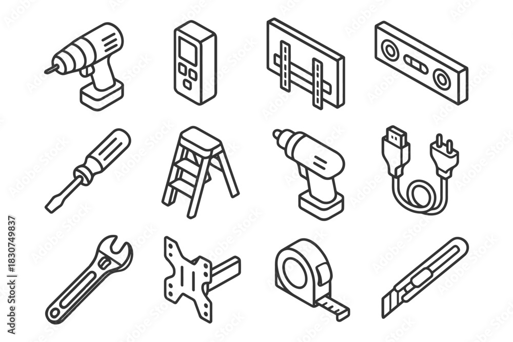 Fototapeta premium Isometric tools: drill, screwdriver, ladder, wrench, measuring tape, and cable icons.