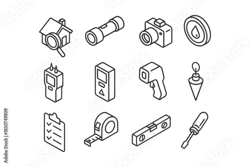 Isometric line art of various measurement tools and devices.