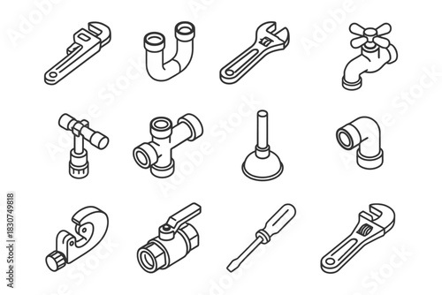 Outline icons of plumbing tools and pipes: wrench, faucet, valve, plunger.