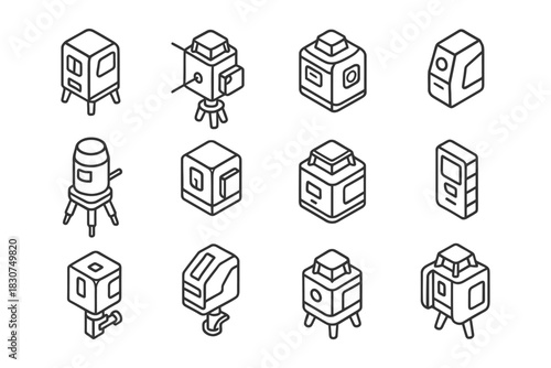 Isometric black line art of geometric shapes and 3d objects.