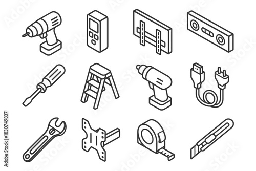 Isometric tools: drill, screwdriver, ladder, wrench, measuring tape, and cable icons.