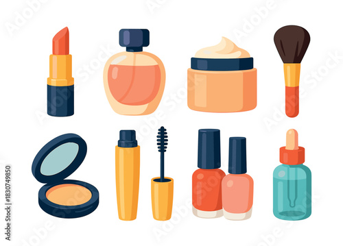 Makeup products collection, cosmetics, beauty essentials, flat vector illustration