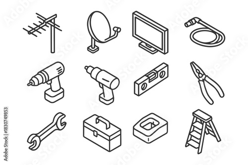 Line art icons of tools and devices: antenna, satellite, tv, drill, toolbox, wrench, ladder.