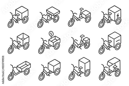 Set of isometric icons for cargo bikes and electric delivery bicycles.