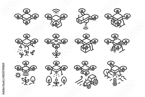 Agricultural drone operations icons for crop monitoring and delivery.