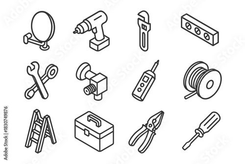 Outline icons of tools and equipment for home improvement and repairs.