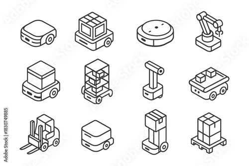 Set of robotic icons featuring drones and delivery robots in isometric style.