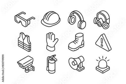 Safety equipment icons: glasses, helmet, headphones, mask, vest, glove, boot, warning, camera, extinguisher, loudspeaker, alarm.