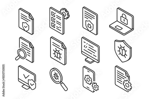 Cybersecurity icons set illustration: documents, shields, computers, bugs, and magnifying glasses.
