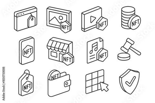 Nft icons collection: digital art, music, auction, wallet, security.