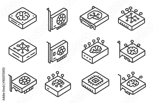 Set of abstract circuit and brain illustrations in computing concept art.