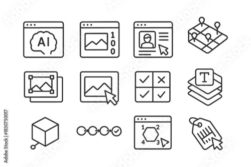 Set of ai, image, interface, and tagging icons in simple line style.