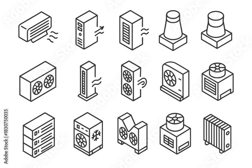 Isometric line art icons of various hvac systems and cooling units.