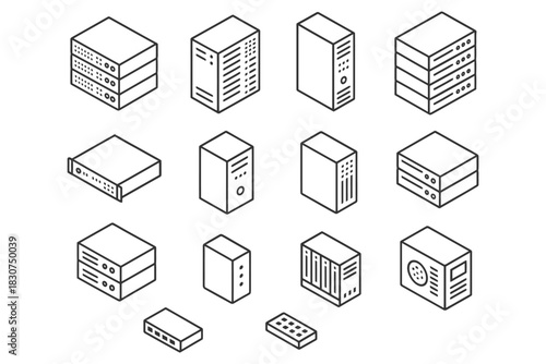 Isometric line art of various computer server designs and hardware components.