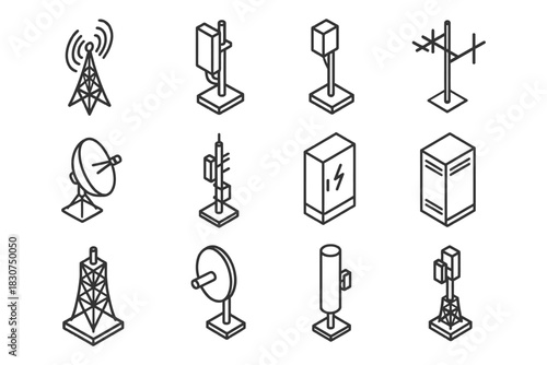Set of twelve isometric telecom icons featuring antennas and satellite dishes.