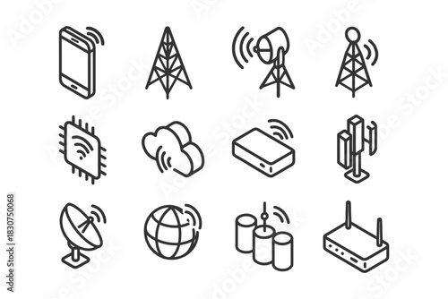 Wireless technology icons: antennas, devices, networks, and signals.