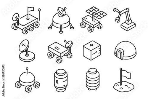 Set of space exploration icons featuring rovers, satellites, and robotics.