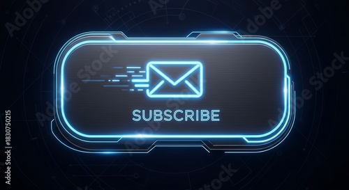 Glowing subscribe button with email icon on a futuristic dark background for newsletter signup and digital marketing campaigns online promotion