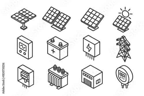 Isometric icons of solar panels, energy equipment, and power infrastructure.