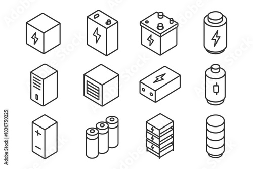 Set of isometric battery icon designs featuring various shapes and sizes.