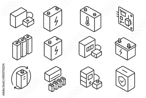 Isometric battery and electronic components icons for energy and technology.