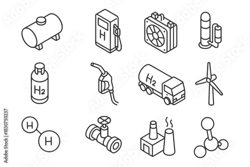 Hydrogen energy icons set featuring molecules, fuel pumps, trucks, wind turbines, and power plants.