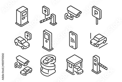 Isometric icons of parking meters, cctv cameras, and cars.