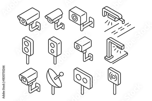 Surveillance and sensor line icons: security cameras, traffic signals, radar, and antenna.