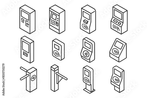 Isometric line art of contactless payment and ticketing machines.