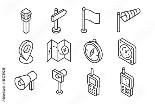 Isometric navigation icons set: compass, map, flag, location marker, communication devices.