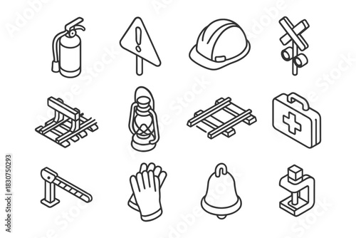 Safety equipment and warning icons in line art style.