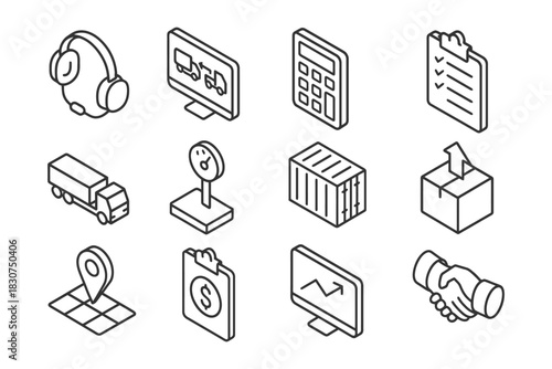 Set of 12 isometric logistic and business icons: headphones, calculator, truck, map, handshake.