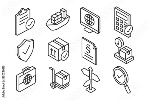 Shipping and logistics icons set: delivery, security, packaging, management.