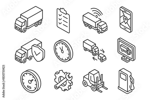 Isometric icons of transportation and logistics tools with trucks and gadgets.