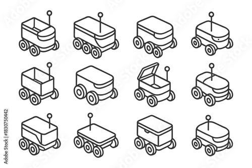 Set of twelve delivery robot icons with different lid openings and wheels.