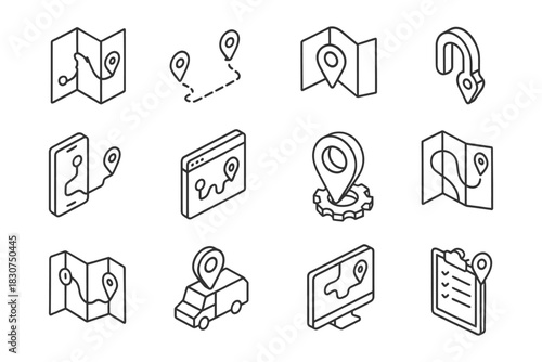 Outline icons of navigation maps, gps pointers, and location tracking symbols.