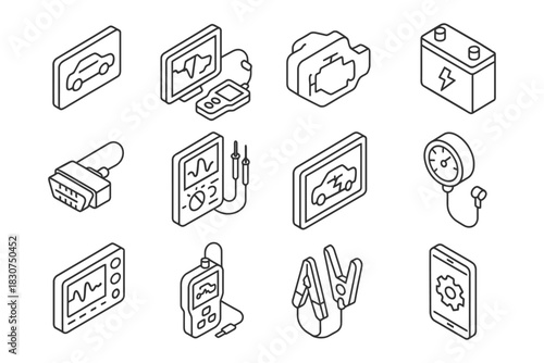 Isometric icons of automotive diagnostic tools and symbols.