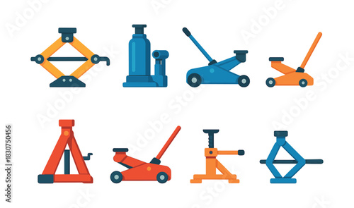 Car jack tools, flat vector illustration with lifting equipment, hydraulic designs