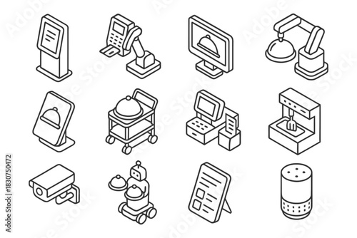Isometric smart technology icons for modern hospitality and service automation.