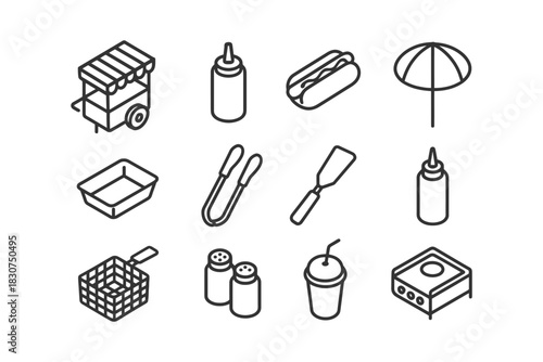 Line art icons of food cart, condiments, and utensils for culinary design.