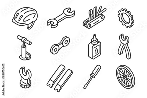 Line art icons of bicycle repair tools: helmet, wrench, multi-tool.